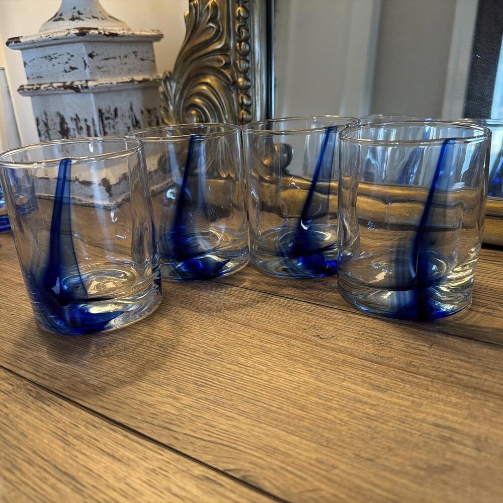 Libbey Crisa Blue Ribbon Dimpled Twist Rocks Glasses Set of 6 NEW